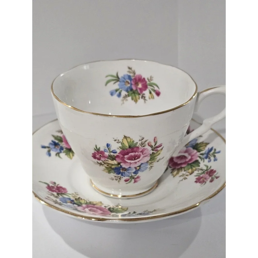 Clarence Bone China Teacup Saucer Pink Blue Floral Gold Trim England Vintage